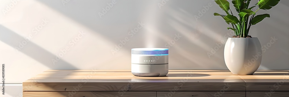 Poster smart home diffuser emitting vapor on a wooden table. smart home assistant with ai. voice controlled