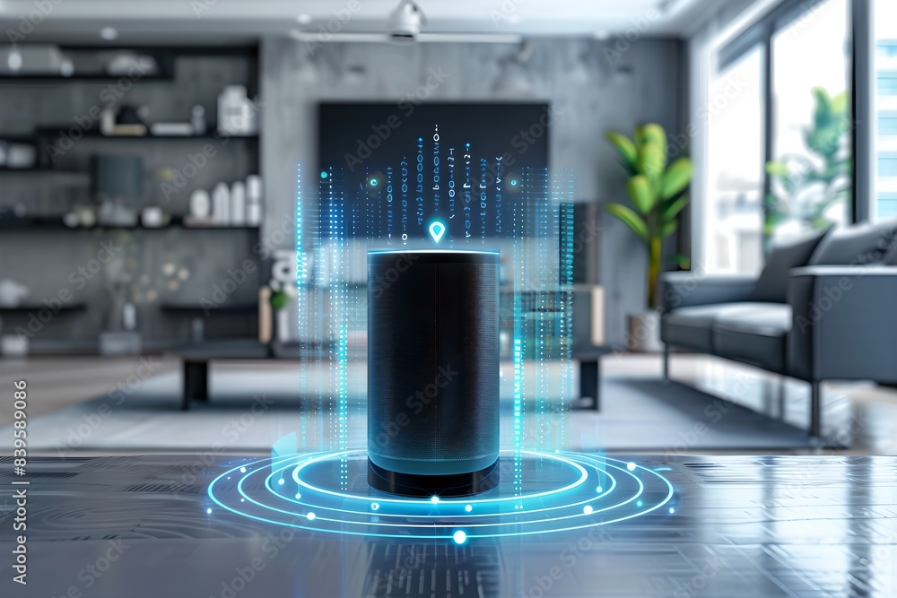 Poster futuristic smart speaker with holographic projection in a modern room. smart home assistant with ai.