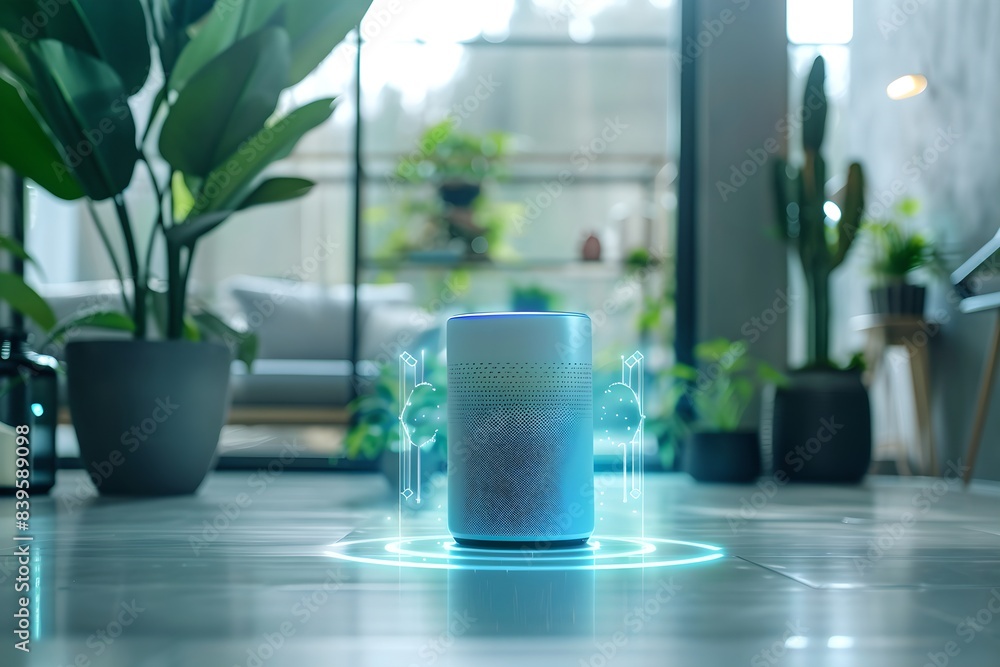 Poster futuristic smart speaker with holographic projection in a modern room. smart home assistant with ai.