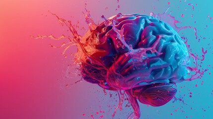 Artistic representation of a human brain with dynamic liquid splash in vivid colors