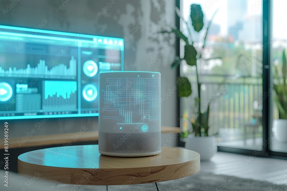 Poster futuristic smart speaker with holographic display in a modern living room. smart home assistant with