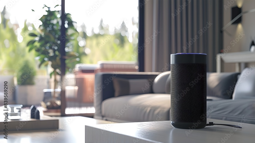Poster smart speaker on a wooden table in a modern living room. smart home assistant with ai. voice control