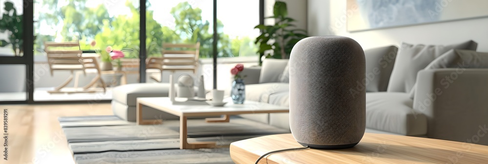 Poster smart speaker on a wooden table in a modern living room. smart home assistant with ai. voice control