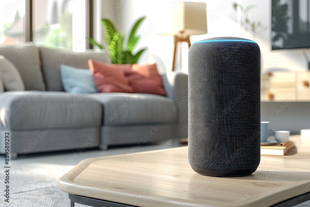 Poster smart speaker on a wooden table in a modern living room. smart home assistant with ai. voice control