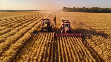 Fototapeta premium The image shows two combines harvesting a wheat field.