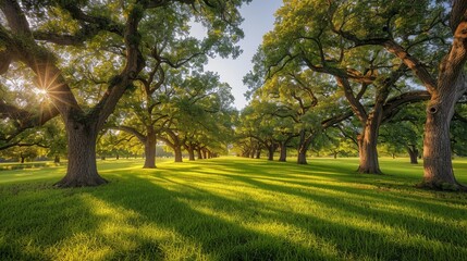 The photo shows the view of a green meadow with big oak trees and the sun shining through them.
