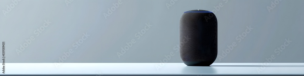Poster smart speaker on gray background with copy space. smart home assistant with ai. voice controlled dev