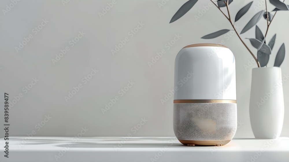 Poster stylish smart speaker on a white background with a vase. smart home assistant with ai. voice control