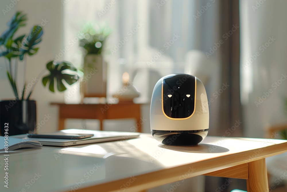 Poster home robot on a desk with a tablet and plants. smart home assistant with ai. voice controlled device