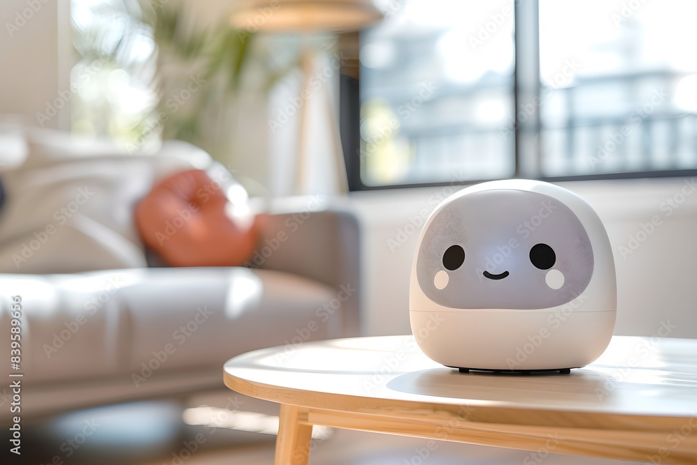 Poster cute robot on a wooden table in a modern living room. smart home assistant with ai. voice controlled