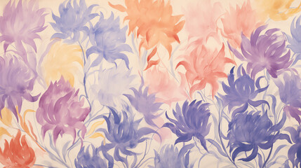 Watercolor floral background, pastel flowers in various shades of purple, pink, and orange