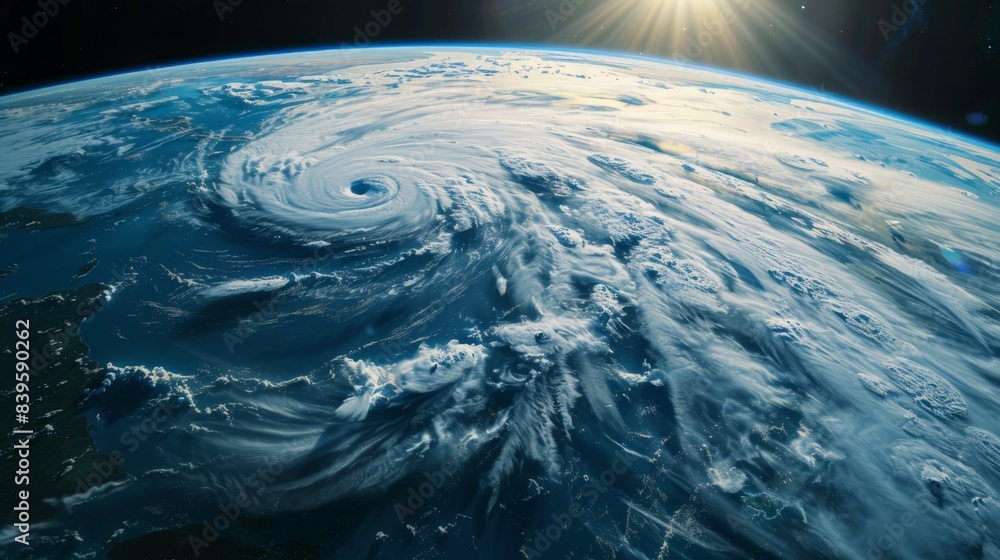Poster Massive hurricane forming over the ocean as seen from space. Powerful display of nature's force and weather phenomena. Ideal for topics on climate change and meteorology.