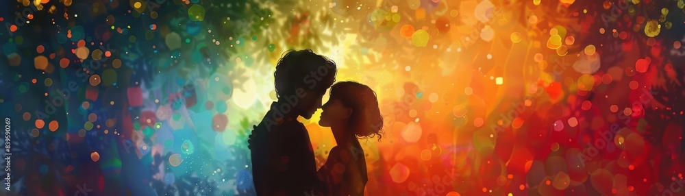 Wall mural LGBTQ couple embracing in a rainbowlit park, intimate, warm tones, digital painting, ideal for love and celebration themes