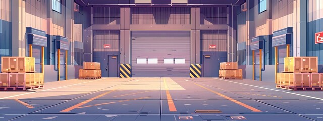 The interior of the warehouse of the logistics center. Cartoon illustration.