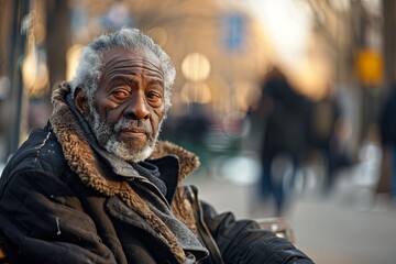 Naklejka premium Portrait of an elderly man sitting outdoors in a city setting