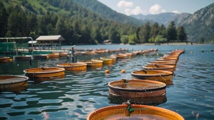 Floating fish farm in a mountain lake.