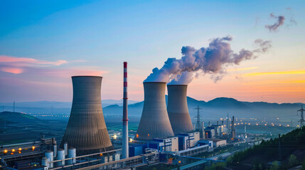 Obraz premium Cooling towers of a nuclear power plant at dawn