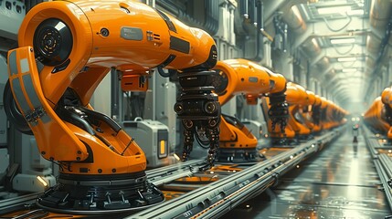 Robotic arms in a hightech animal farm, advanced tech, minimalistic, clean lines, bright colors