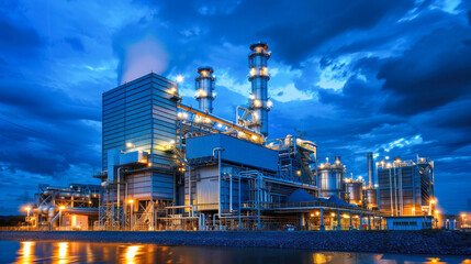 Fototapeta premium Industrial facility by the water during twilight