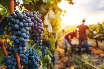 Grape Harvesting in Vineyard Scene, Harvest time, a stage in the wine-making process, les...