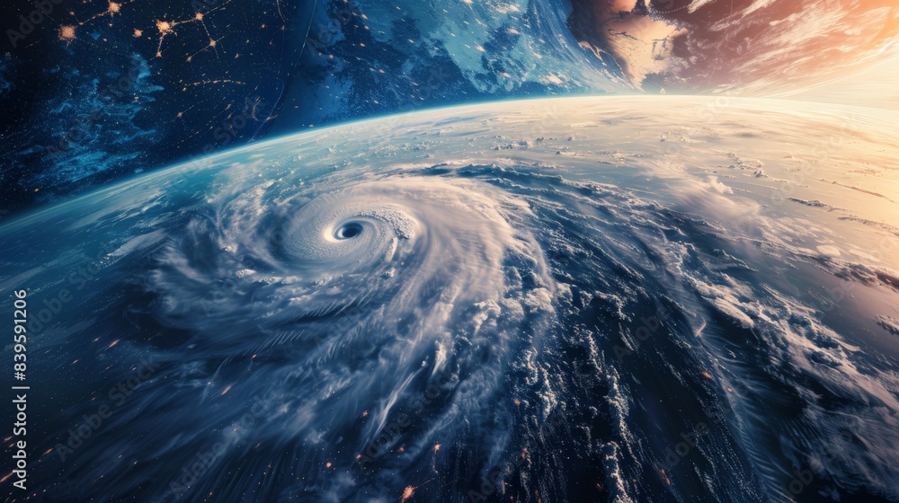 Poster hurricane viewed from space highlighting its spiral structure. representation of the power and beaut