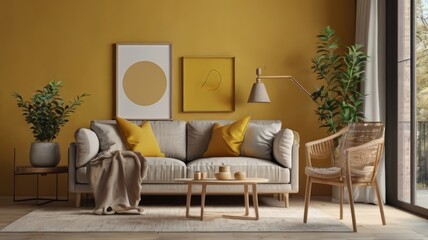 Modern Scandinavian home interior design characterized by an elegant living room featuring a comfortable sofa, mid century furniture, cozy carpet, wooden floor, white walls, and home plants