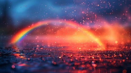 Fototapeta premium Vivid Double Exposure of Close-Up 4K Sky with Rainbow and Colorful Landscape Silhouette, Copy Space Available