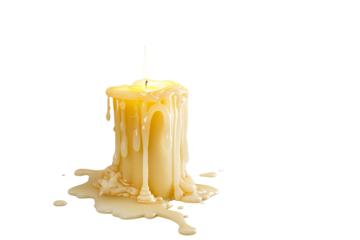 A melting candle with a flickering flame, creating a pool of wax.