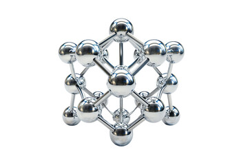 geometric structure with shiny spheres connected by lines. A silver crystalline formation.