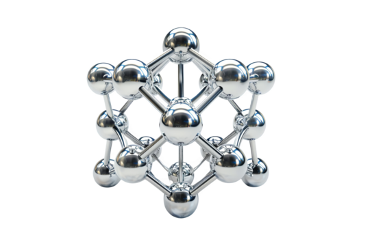 geometric structure with shiny spheres connected by lines. A silver crystalline formation.