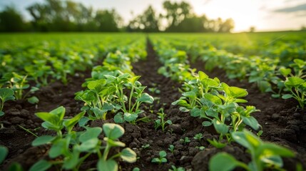 Obraz premium Field of green soybean plants growing in neat rows under the warm sunlight.