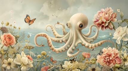 Obraz premium Adorable Octopus Gliding Through an Underwater Flower Garden