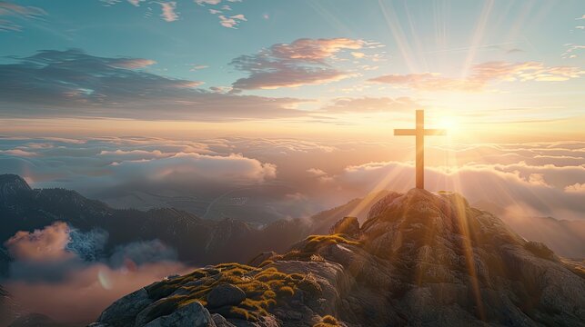 A Cross Stands Tall on a Mountain Peak at Sunrise
