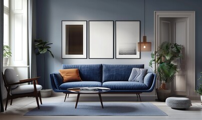 Scandinavian Living Room With Dark Blue Sofa and Recliner Chair
