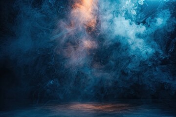 Dark Room with Blue Smoke and Spotlight, Abstract Background