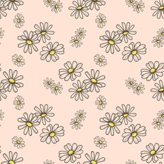 Graphical Seamless floral pattern of contour daisy flowers drawn by hand isolated on a peach background. Repetition pattern.