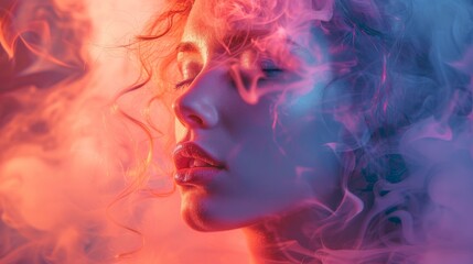 Enigmatic Smoke Rings Close Up in Cinematic Dark Room with Neon Silhouette Double Exposure - Moody Lighting Copy Space Background\