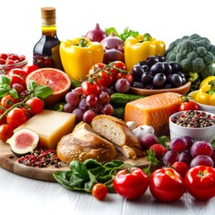 A table full of fresh fruits and vegetables, including tomatoes, grapes