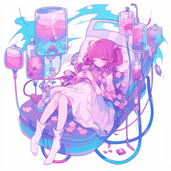 Anime Girl Sleeping in Hospital Bed Surrounded by IV Bags