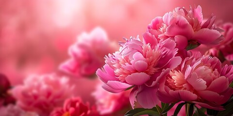 Fototapeta premium Festive Greeting Card Featuring Pink Peonies on a Pink Background. Concept Floral Design, Pink Peonies, Greeting Card, Festive Theme
