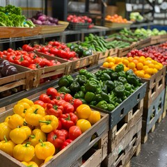 A variety of fresh vegetables are displayed in wooden crates at a market