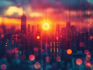 Naklejka premium Vibrant Double Exposure of Sunlit Cityscape with Silhouetted Skyscrapers and Copy Space in Ultra HD Detail