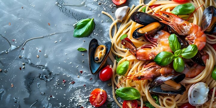 Spaghetti alla Pescatora Italian Seafood Pasta with Mixed Seafood, Olive Oil, Garlic, Wine, and Tomatoes. Concept Italian Cuisine, Seafood Dish, Spaghetti Recipe, Mediterranean Flavors