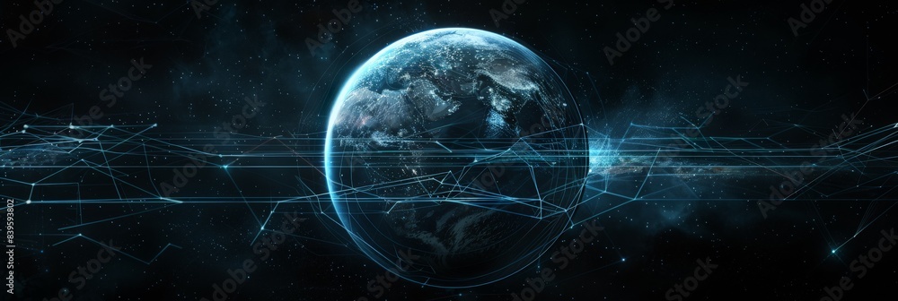 Aufkleber Digital Earth with interconnected network lines and nodes against a backdrop of stars. Symbolizes global communication and technological connectivity
