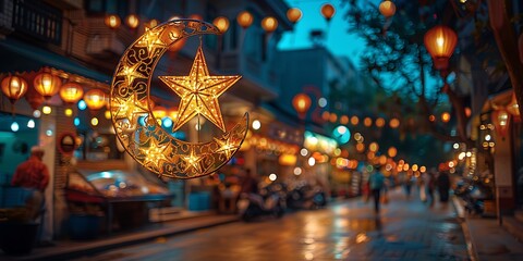 star crescent decoration shining brightly over bustling EidalAdha market captured highspeed camera freeze the lively activities and create a vibrant scene using advanced clarity and detail enhancement