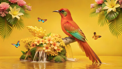 imagine a lush tropical paradise with a waterfall