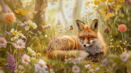Fototapeta premium Adorable Fox Prowling Through an Enchanted Flower Garden