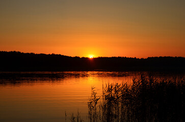 Obraz premium summer landscape in warm colors sunset on a lake surrounded by forest