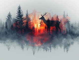 Luminous Double Exposure Silhouette in Ultra HD Dense Forest with Wildlife, Close-Up Focus and Copy Space