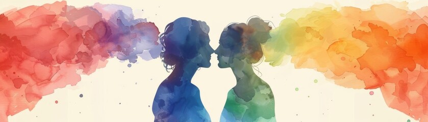 LGBTQ couple under a rainbow arch, intimate, warm tones, watercolor, perfect for love and equality campaigns